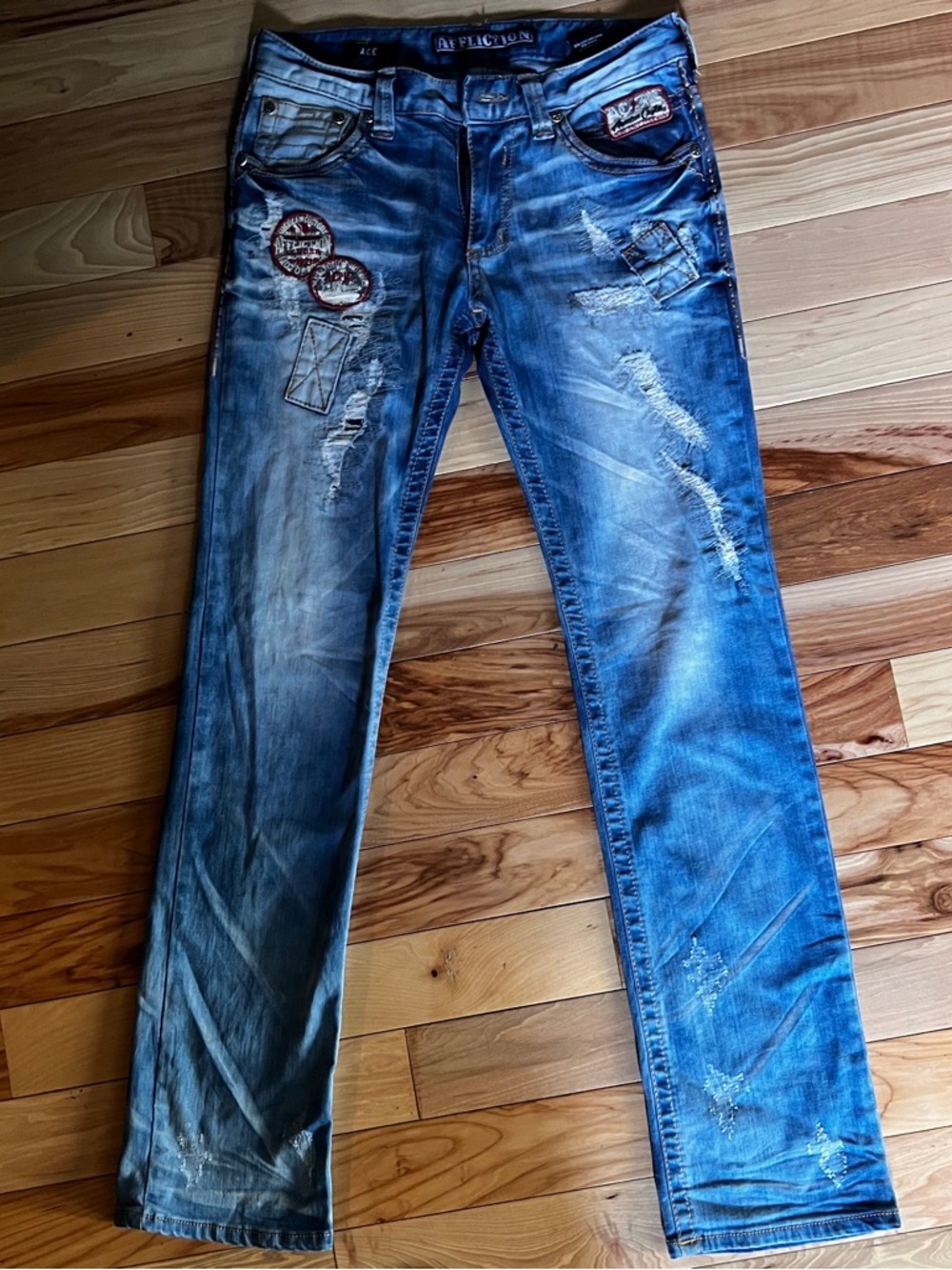 Affliction Ace Jeans Men’s 30x34 Distressed Patched Y2K Biker Denim